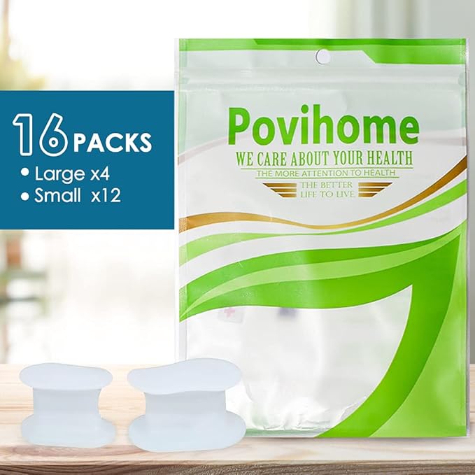 Povihome 16 Pack Toe Spacers Separators(1/2''+3/10''Thick), Bunion Corrector Gel Orthotics for Bunion, Overlapping Toes -(4 Pack of Large Size+12 Pack of Small)