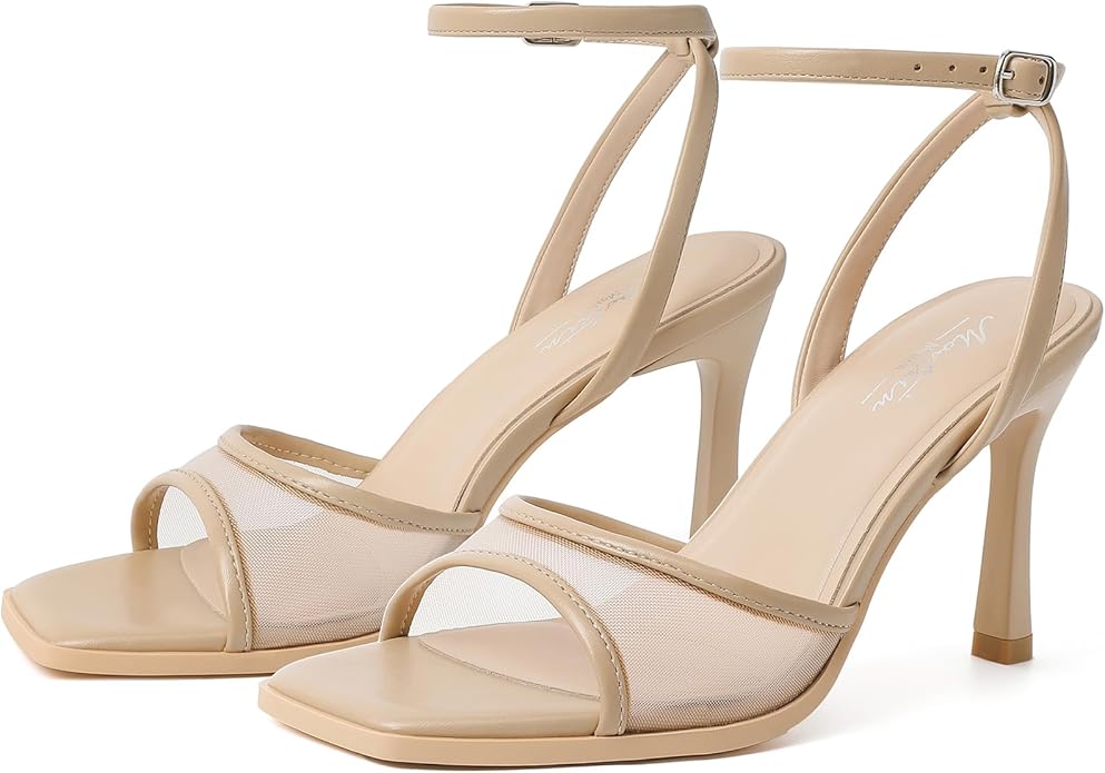 Mostrin Strappy Heels for Women Square Open Toe Lace Up Heeled Sandals Ankle Strap Sexy Stiletto High Heels for Party, Prom, Dating, Wedding