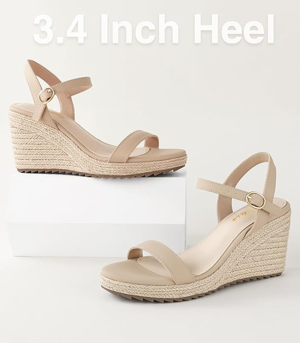 Ankis Platform Wedge Sandals for Women, Black Brown White Nude Espadrille Womens Wedge Sandals Comfortable Open Toe Ankle Strap High Heel Wedges for Women Dressy Summer -3.4Inch
