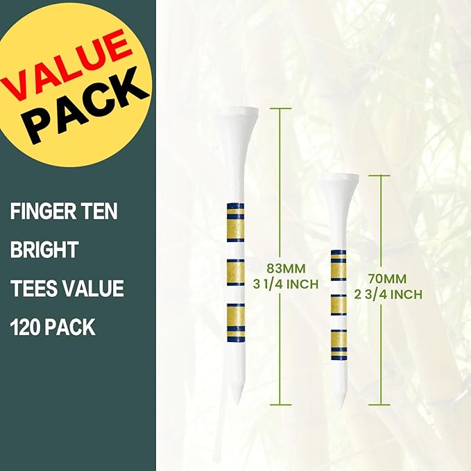 FINGER TEN Golf Tees Wood 3 1/4 2 3/4 Inch Value 50/120 Count, Durable Tees with Bright Colored Stripes for Consistent Height, 70mm 83mm Long Tees Ideal for Golfers
