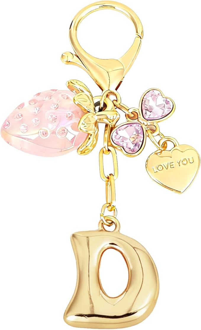 Snycler Bubble Initial Keychain with Strawberry & Bow- Gold Letter Bag Charms for Women, Cute Purse Handbag Accessories