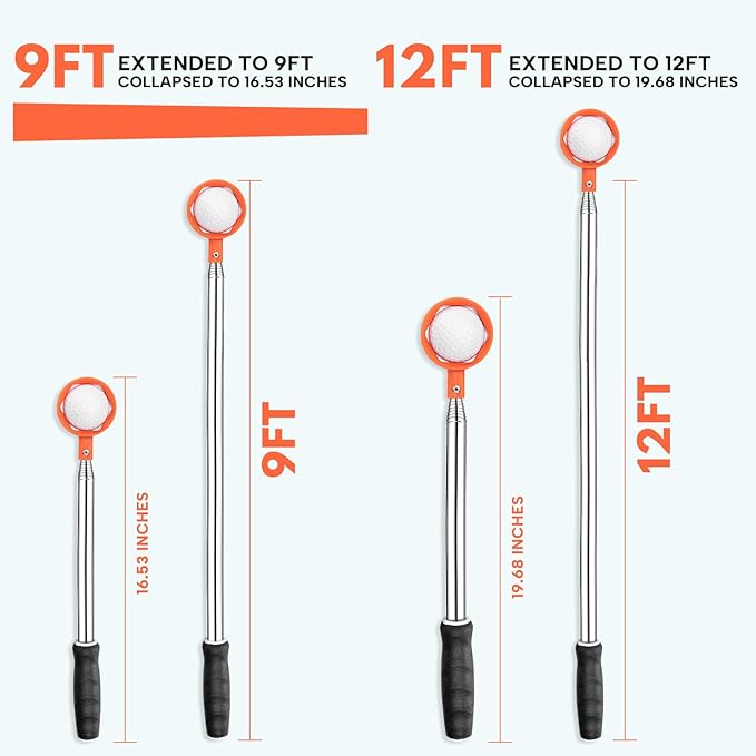 Golf Ball Retriever Telescopic 9/12FT Golf Ball Retriever for Water Aluminum Alloy Golf Ball Water Retrievers Golf Accessories Golf Gift for Men