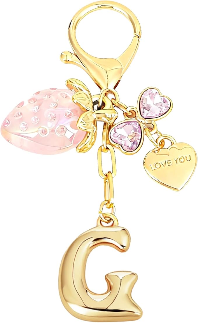 Snycler Bubble Initial Keychain with Strawberry & Bow- Gold Letter Bag Charms for Women, Cute Purse Handbag Accessories