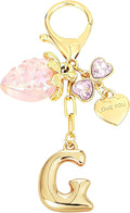 Snycler Bubble Initial Keychain with Strawberry & Bow- Gold Letter Bag Charms for Women, Cute Purse Handbag Accessories