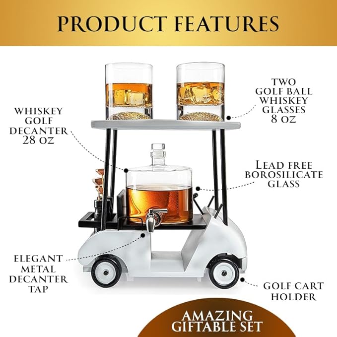 Golf Cart Decanter Whiskey Decanter and 2 Whiskey Glasses - The Wine Savant, Gift for Both Men & Women, Golfs Accessories, Golfer Gifts, Based on A Replica (850ml Decanter - 8 Ounce Glasses)