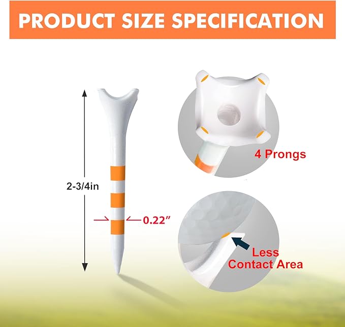 60/100 Pack Plastic Golf Tees (2-3/4"or 3-1/4"), Enhanced Durability & Stability, Designed to Reduce Friction and Side Spin