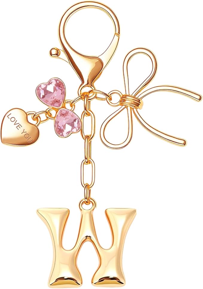 Gold Bubble Initial Keychain with Bow Decoration Bag Charms for Women, Cute Purse Handbag Accessories Gift