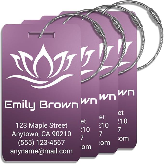 Personalized Luggage Tags for Suitcases 4 Pack – Custom Metal Name Tag for Travel, Golf Bag, and Baggage – Durable Aluminum Luggage Name Tags (Adventure Collection, Light Purple)