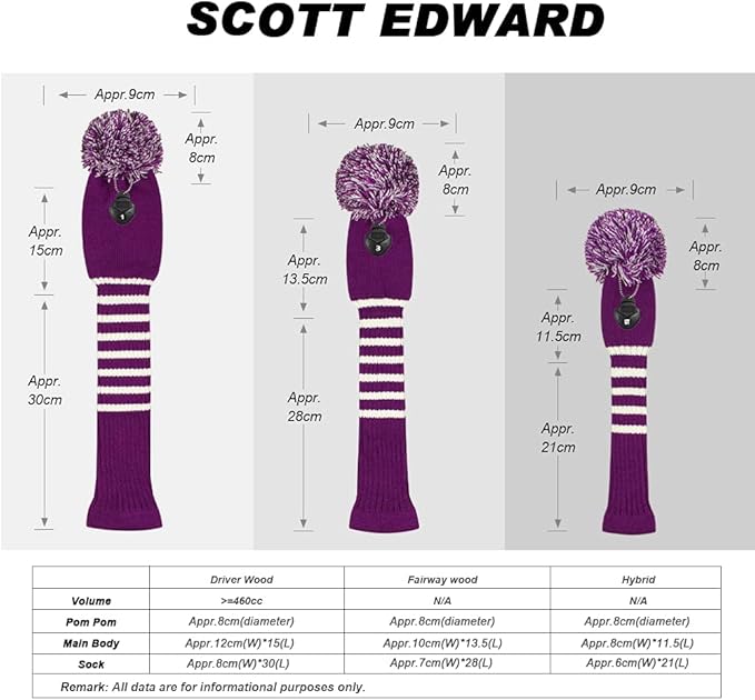 Scott Edward Golf Headcovers for Woods Set of 3 Fits Well Driver(460cc) Fairway Wood and Hybrid(UT) The Perfect Change for Golf Bag Classic Striped Style