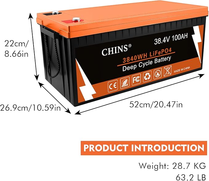 CHINS 36V 100AH Bluetooth LiFePO4 Lithium Battery, 36V Lithium Golf Cart Battery,Built in 200A BMS Peak Current 500A