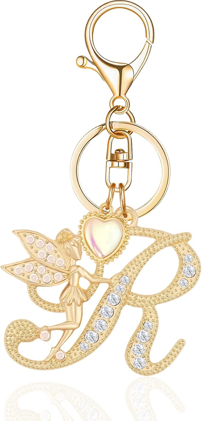 Gold Plated Alphabet Initial Letter Keyring Keychain for Women Girls Crystal Key Chains for Wallet Backpack Bag Charm