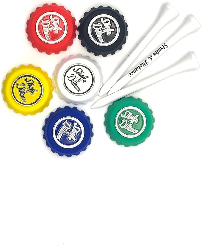 Stroke & Distance Bottle Cap Tee Double Pack - Keep Beverages Secure & Tee Off in Style - Par 3 Height - Insert Any Tee - Training Aid