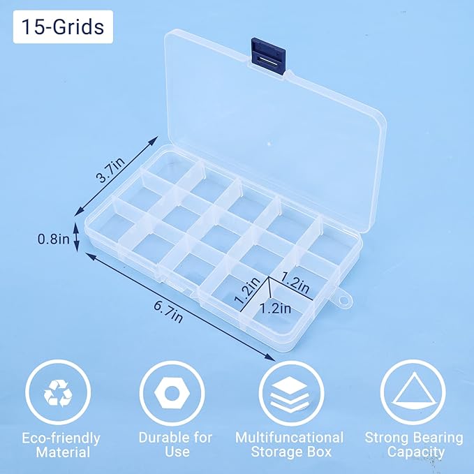 Cosics 10pcs Fake Nail Storage, 15-Grid Small Plastic Rhinestone Organizer Box, Acrylic False Nail Tips Container, Jewelry Display Holder, Tackle Hair Art Craft Accessories Empty Case with Dividers