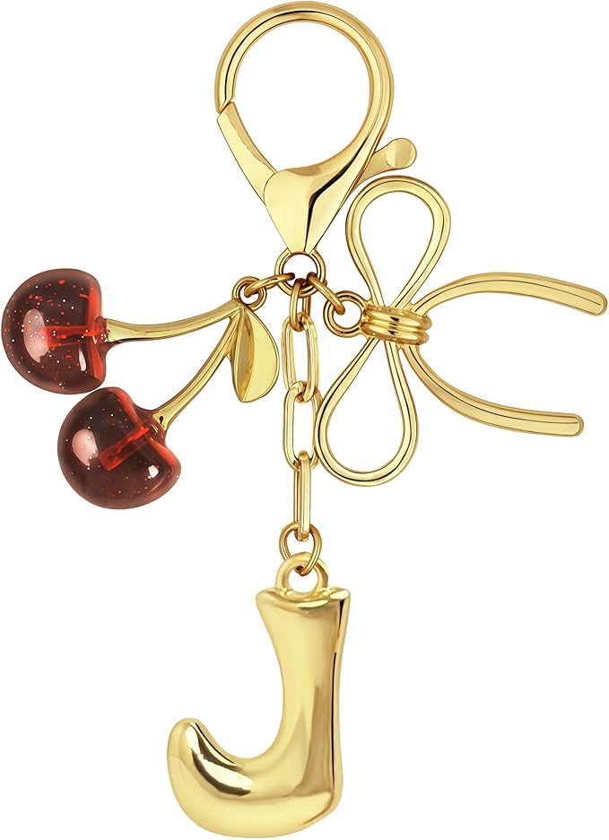 Gold Bubble Heart, Cherry, Bow & More Designs Letter Initial Keychain Bag Charms – Cute Purse Charms for Handbags