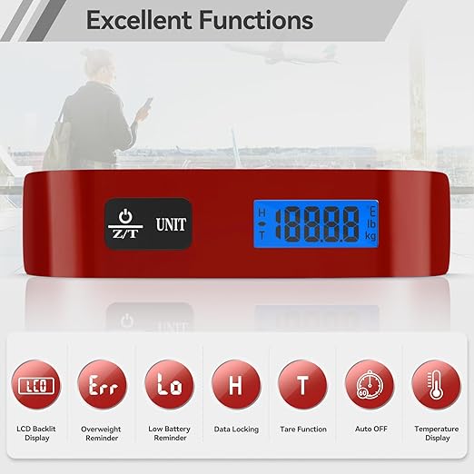 Luggage Scale, Dr.meter Luggage Weight Scale Backlight LCD Display PS02 110lb/50kg Electronic Balance Digital Postal Travel Accessories with Rubber Paint Handle Temperature Sensor, Red