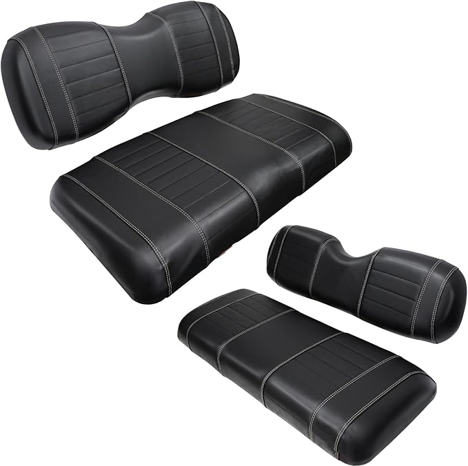 Golf Cart Seat Covers fits Club Car Precedent/DS/EZGO RXV/TXT/Yamaha Front Rear Seat Cushion，Black Leather Custom Stripe Soft Comfortable/Anti-Scratch/Easy to Clean