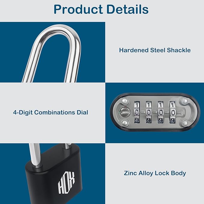 HOX 4 Digit Heavy Duty Combination Lock, 2.7 Inch Long Shackle, Outdoor Waterproof Padlock for School Locker, Gym Locker, Hasp Storage, Fence (Black, 4 Pack)