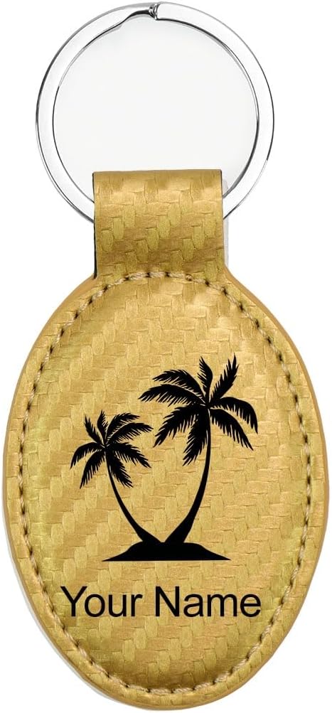 LaserGram Oval Keychain, Palm Trees, Personalized Engraving Included (Carbon Fiber Gold)