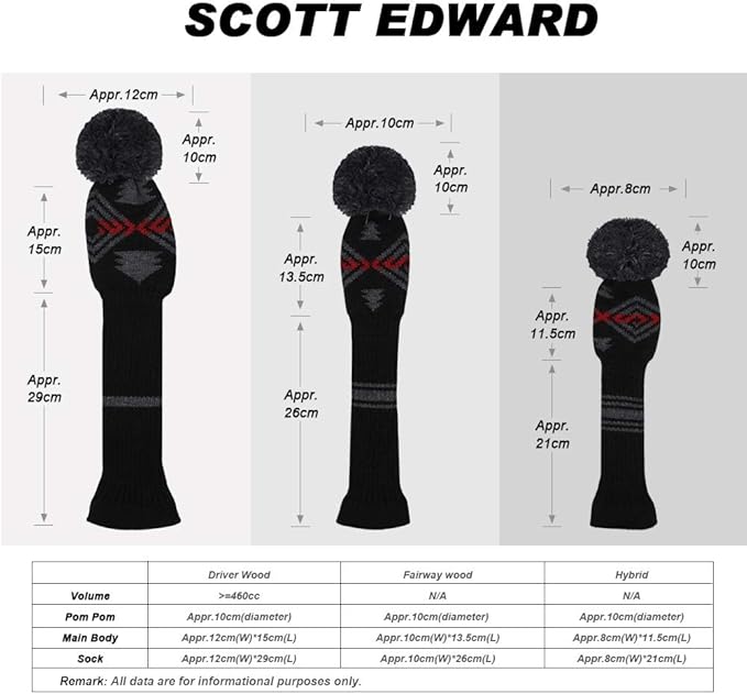 Scott Edward Knit Wood Golf Club Head Covers 4 Pieces Knitted Item Fit Over Well Driver Wood(460cc) Fairway Wood and Hybrid(UT)