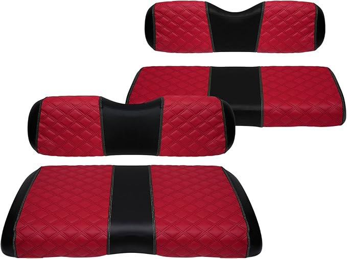 Golf Cart Front and Rear Seat Covers Waterproof and Sun Resistant Marine Grade Vinyl Leather Seat Cover Accessories for EZGO RXV 2008+, Deep Red(4PCS)