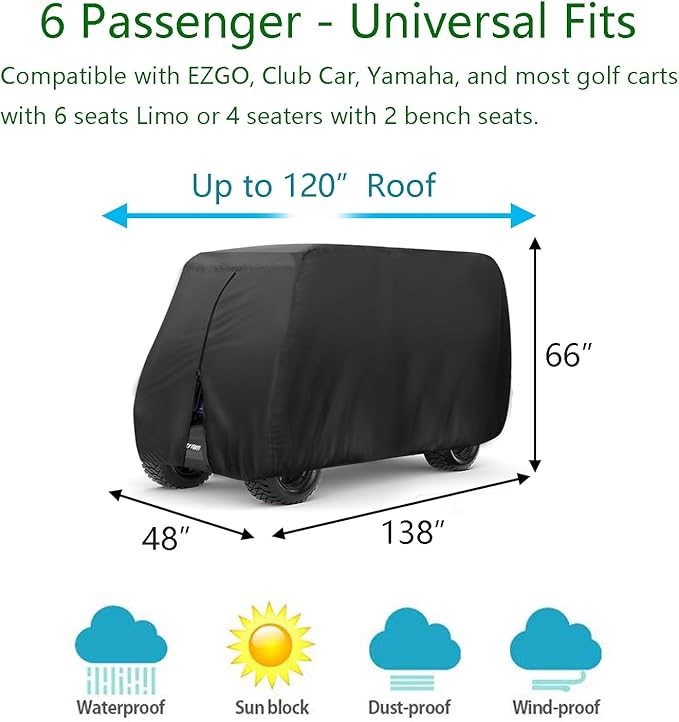 FLYMEI Golf Cart Cover Waterproof, 420D Fabric Universal Fits for Most Brand 2/2+2/4/4+2 Passengers Yamaha, Honda, Club Car, EZGO Golf Cart