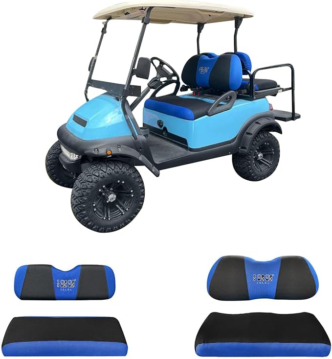 10L0L Golf Cart Front and Rear Seat Cover Set for Club Car Precedent/Onward/Tempo & Yamaha G29 Drive/Drive 2,Stylish 4 Passenger Front Back Seat Covers,Breathable Washable Polyester Mesh (Black/Blue)