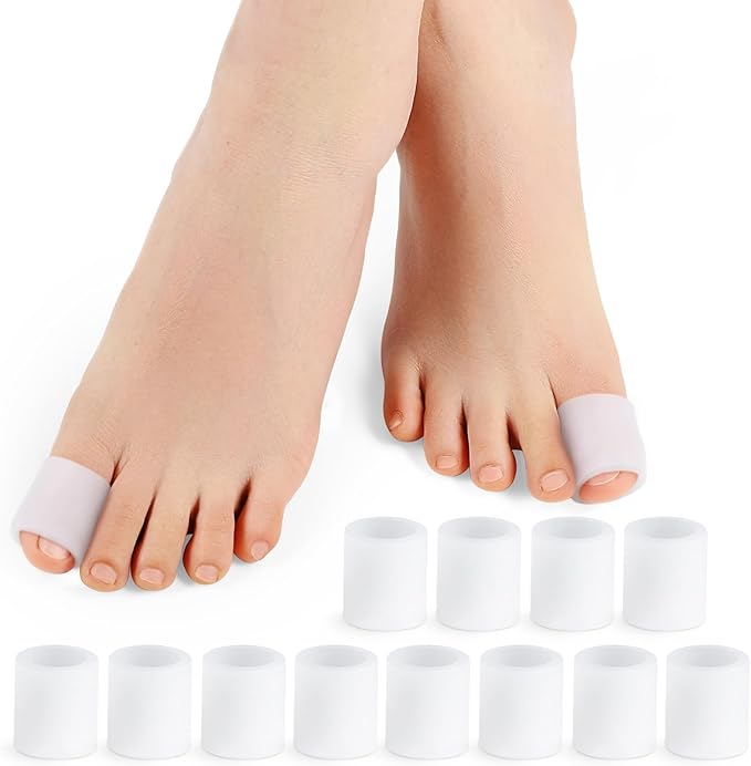 Povihome Toe Sleeves, Toe Protectors, 12 Pack Toe Tube Pads for Hammer Toe,Stubbed Toe,Corns, Calluses Protect (Large Size, White)
