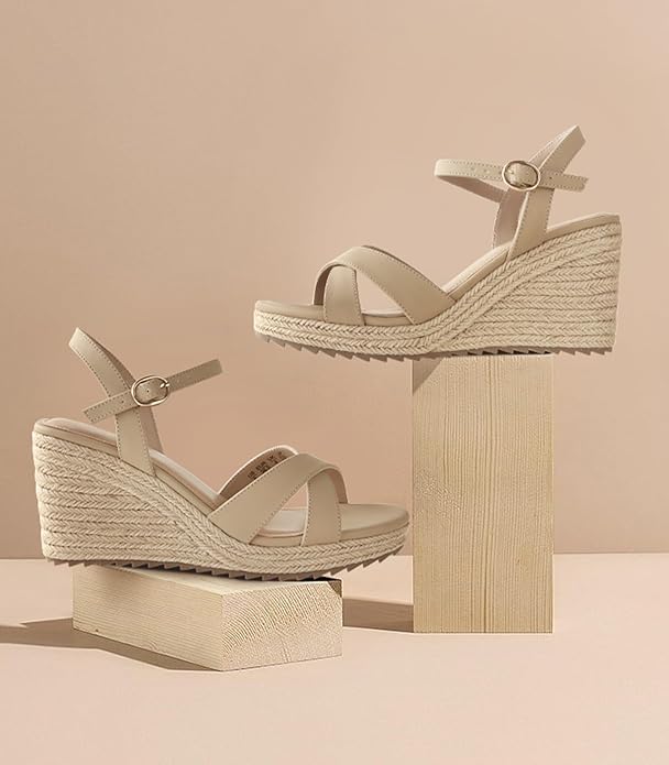 Ankis Wedge Sandals for Women, Espadrille Womens Wedge Sandals Comfortable Open Toe Cross Band Ankle Strap High Heel Wedges for Women Dressy Summer -3.4Inch