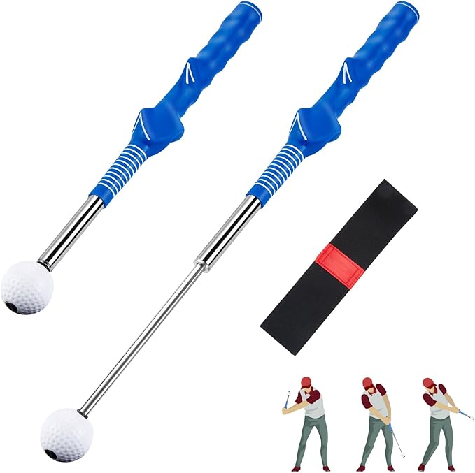 welspo Retractable Golf Swing Trainer Aid with Arm Band, Rhythm Click Sound, Warm-Up and Grip Trainer, Right-Handed Golf Club for Improve Chipping and Hitting Strength