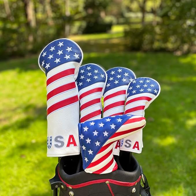 Golf American Style Head Cover Golf Club Blue and White Leather Headcovers Set Fits Driver Fairway Wood Hybrid Utility Putter Iron Wedge Headcover.
