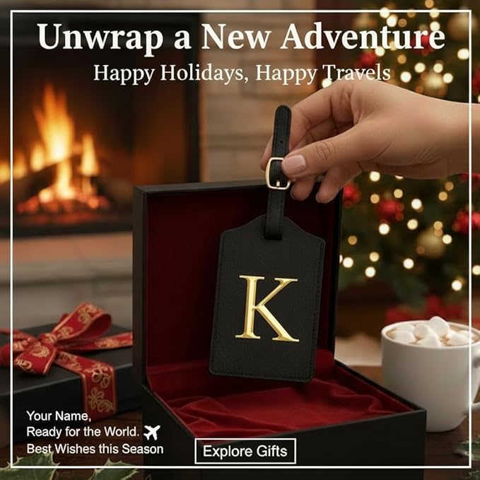 Personalized Initial Letter Luggage Tag for Suitcases PU Leather Baggage ID Tag with Metal Alphabet,Travel Accessory for Backpacks, Bags and Gift for Travelers (Black/Gold-Letter, K)
