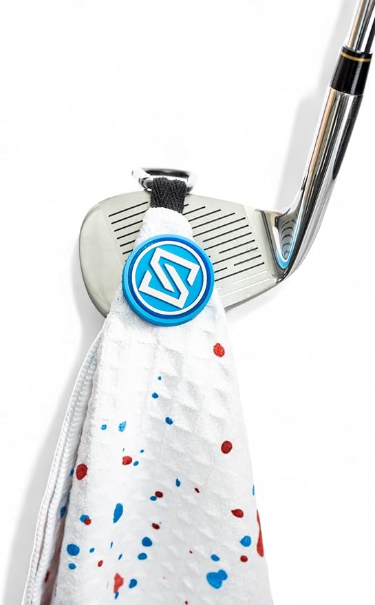 Premium Magnetic Golf Towel | Super Strong Magnet | Absorbent Microfiber Waffle Design | Built-in Silicone Brush | Golf Towels for Golf Bags (Red & Blue Drip)