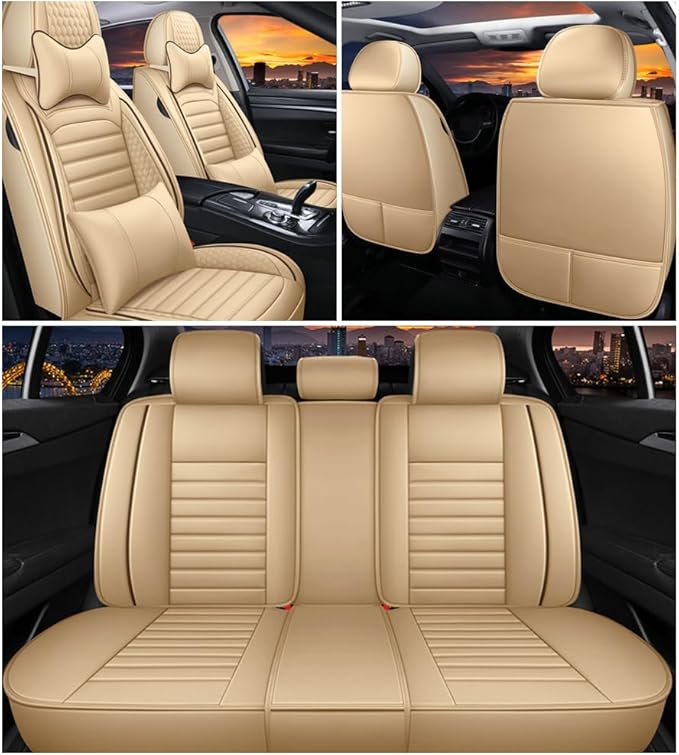 Leather Car Seat Covers for Volkswagen Golf 2001-2021,Car Seat Covers Full Set,Seat Covers with Safety,Waterproof Seat Cover Compatible Airbag(5pcs Beige Luxury)