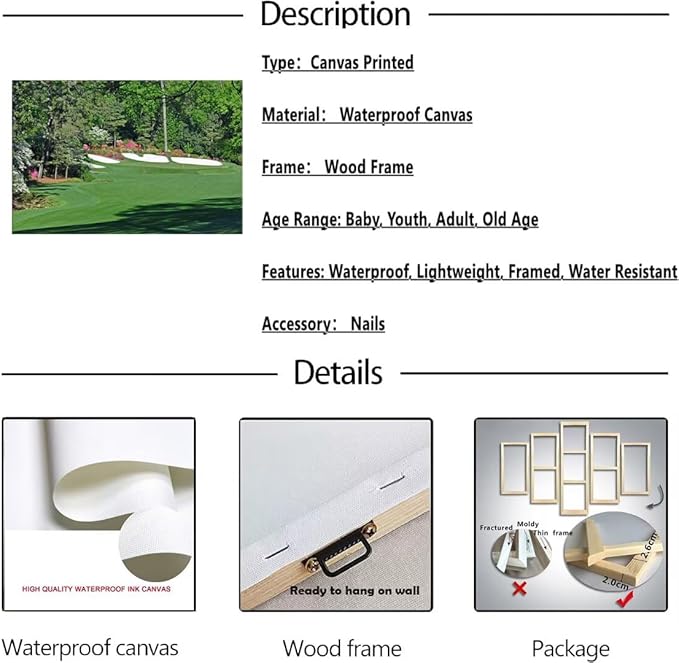 Augusta Golf Course Wall Art for Living Room Bedroom Bathroom Home Decorations Golf Art Golf Course Poster Picture Framed Artwork Canvas Prints Framed Ready to Hang(12''H x 16''W)