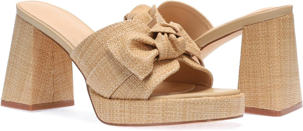 Monrovia Womens Sandals Heels for Women Slide On Block Chunky Platform High Heels Open Toe Raffia Wedge Sandals