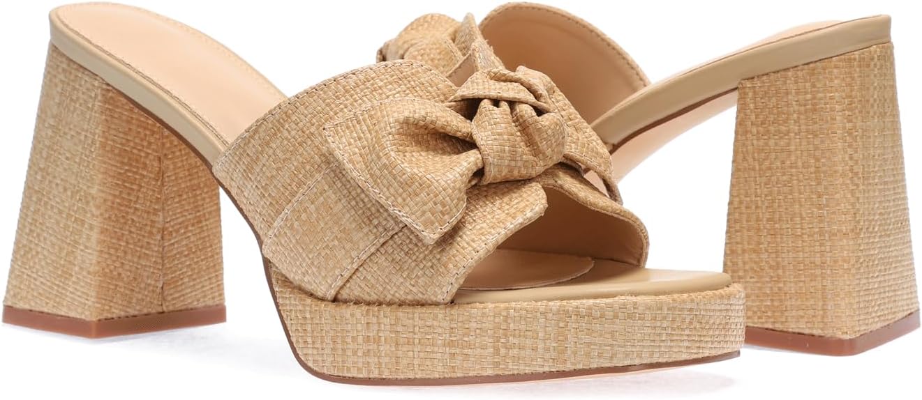 Monrovia Womens Sandals Heels for Women Slide On Block Chunky Platform High Heels Open Toe Raffia Wedge Sandals