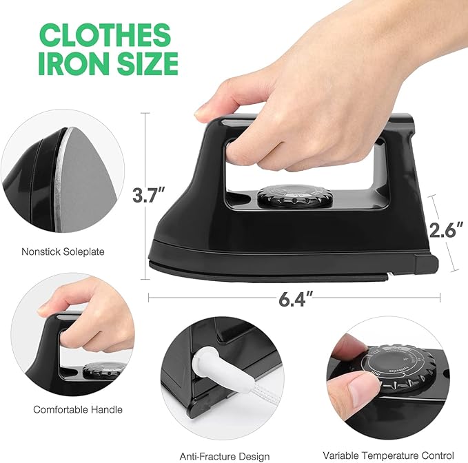 Mini Iron for Crafts and Quilting - Travel and Household Electric Heat Press Machine for Sewing Supplies (Black)