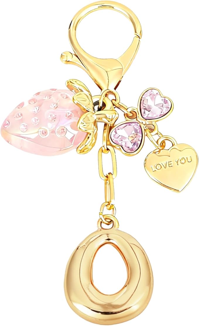 Snycler Bubble Initial Keychain with Strawberry & Bow- Gold Letter Bag Charms for Women, Cute Purse Handbag Accessories