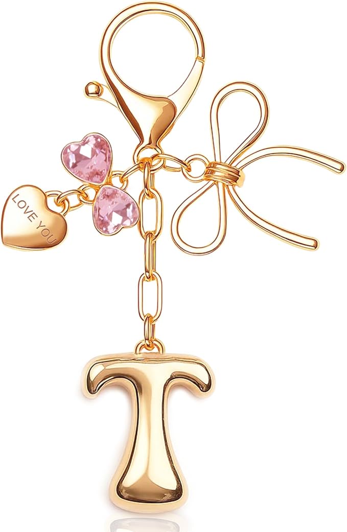 Gold Bubble Initial Keychain with Bow Decoration Bag Charms for Women, Cute Purse Handbag Accessories Gift