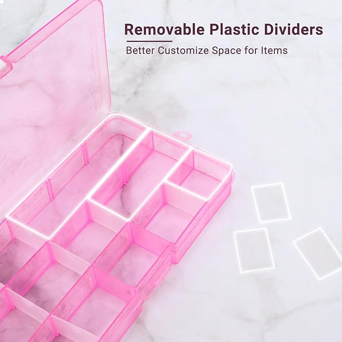 Small Compartment Organizer Case, 4PCS 15-Grid Adjustable Plastic Box with Dividers, Acrylic Fake Nail Charms Bead Rhinestone Jewelry Holder, Craft Screw Hardware Parts Empty Storage Container