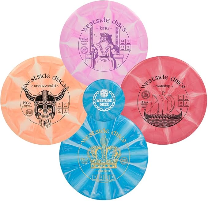 Westside Discs Origio Burst 4-Disc Golf Discs Set - Beginner Frisbee Golf Discs Set for Men - 1x Drivers, 1x Fairway Driver, 1x Midrange & 1x Putter Disc - Mini Marker Included - Colors Will Vary