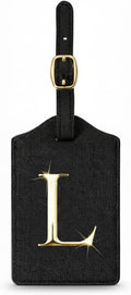Personalized Initial Letter Luggage Tag for Suitcases PU Leather Baggage ID Tag with Metal Alphabet,Travel Accessory for Backpacks, Bags and Gift for Travelers (Black/Gold-Letter, L)