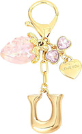 Snycler Bubble Initial Keychain with Strawberry & Bow- Gold Letter Bag Charms for Women, Cute Purse Handbag Accessories