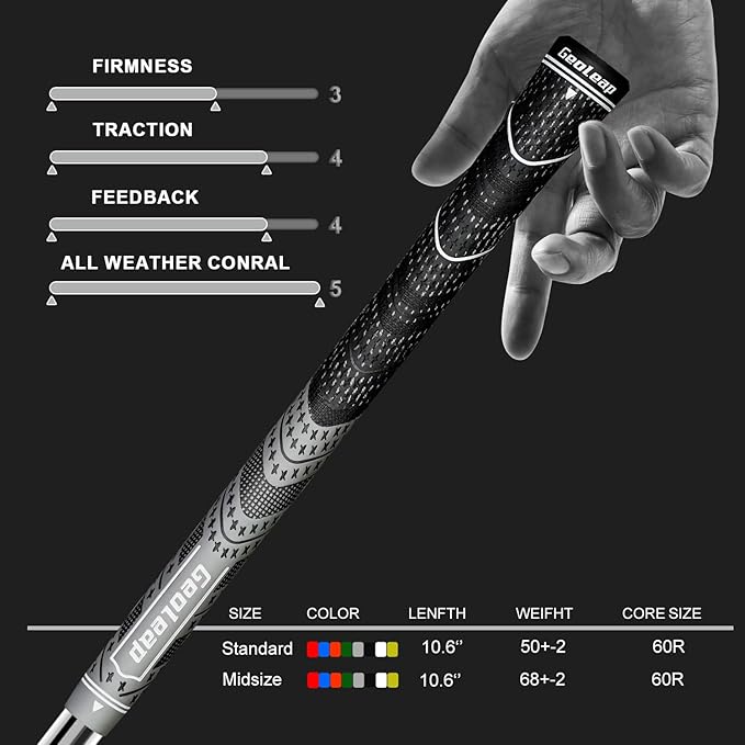 Geoleap Golf Grips Set of 13- Cord Rubber Compound Material, Hybrid Golf Club Grips, All Weather Performance.