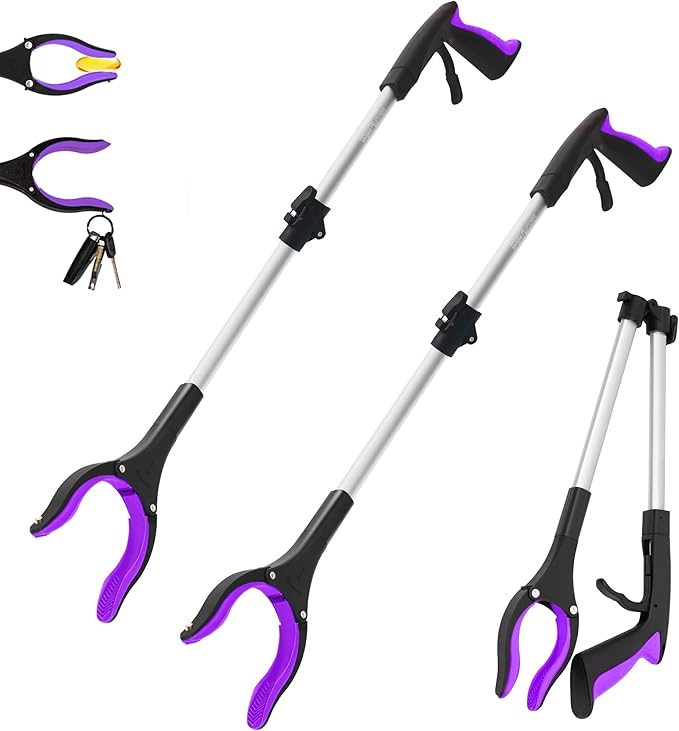 2 Pack 32 inch FDA Registered GrabRunner Heavy Duty(up to 10 lbs) Reacher Grabber Tool with Strong Magnetic (New Purple)