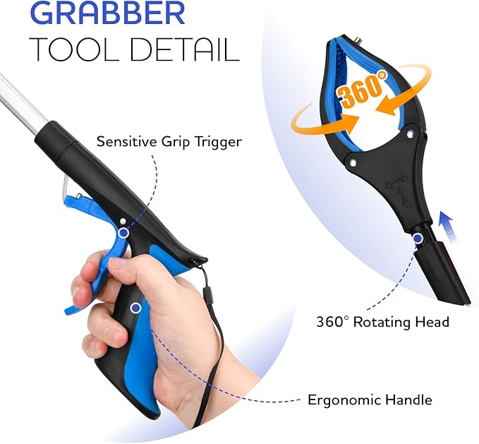 6 Pack Grabber Reacher Tool,32 Inch Extra Long Foldable Grabber Tool with Buckle and Wrist Rope,360°Rotating Anti-Slip Jaw,Trash Claw Grabber Tool,Trash Picker Tool for Outdoor & Indoor (Deep Blue)