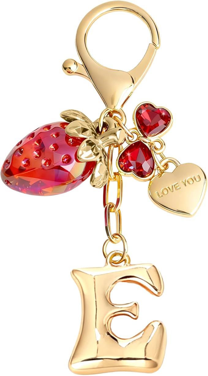 Snycler Bubble Initial Keychain with Strawberry & Bow- Gold Letter Bag Charms for Women, Cute Purse Handbag Accessories
