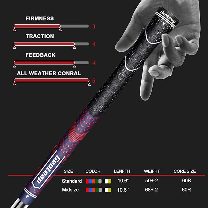 Geoleap Golf Grips Set of 13- Cord Rubber Compound Material, Hybrid Golf Club Grips, All Weather Performance.