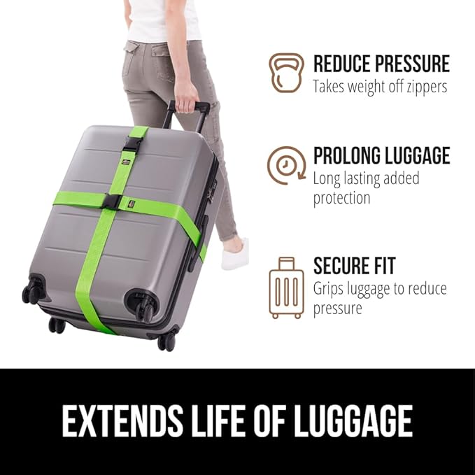 GORILLA GRIP Heavy Duty Adjustable Luggage Straps for Suitcases, Easy to Identify Travel Belt Connector Holds Suitcase Together, Holiday Travel Gift, Stocking Stuffer, Accessories, 2 Pack Green