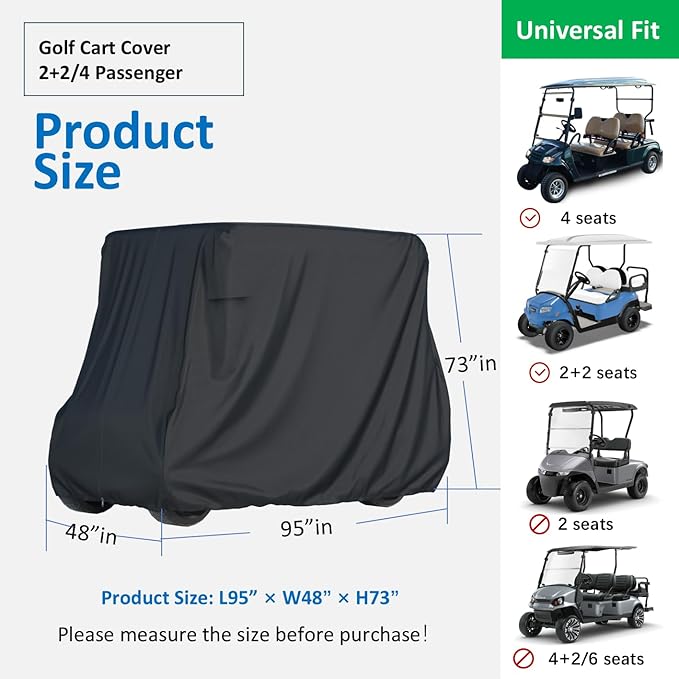 2/4 Passenger Golf Cart Cover for Yamaha EZGO Club Car, 420T Waterproof Polyester with Silver Coating,Waterproof,Dustproof,Windproof,Sunproof，All-Weather Protection (95-48-73-Black)